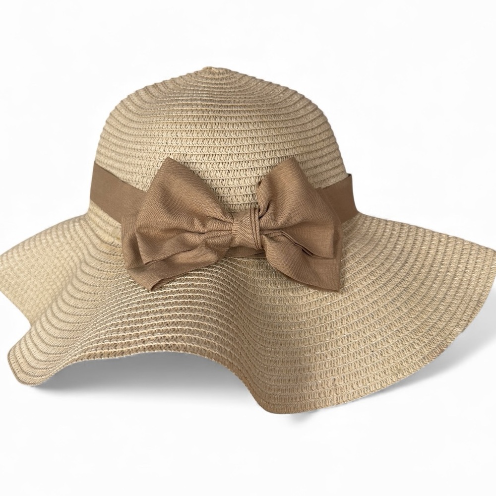Beige Wide Brim Straw Hat with Bow